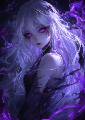 Purple-Eyed Anime Girl: Mystical Fantasy Art Print - Premium Wooden Framed Poster. Ready to Hang.