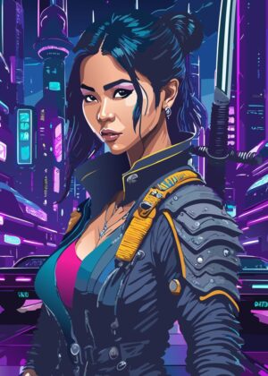 Cyberpunk Female Warrior: Neon City Nights - Premium Wooden Framed Poster. Ready to Hang.
