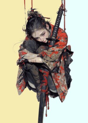Anime Samurai Girl: A Masterpiece of Digital Art - Premium Wooden Framed Poster. Ready to Hang.