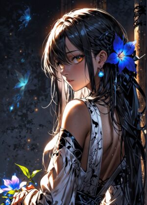 Anime Girl with Blue Flowers: Elegant Fantasy Art Print - Premium Wooden Framed Poster. Ready to Hang.