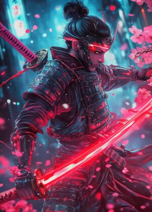 Cyberpunk Geisha Samurai: Neon Japan Art Print - Premium Wooden Framed Poster. Ready to Hang.