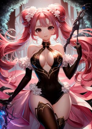 Anime Girl with Magical Staff: Fantasy Art Print - Premium Wooden Framed Poster. Ready to Hang.