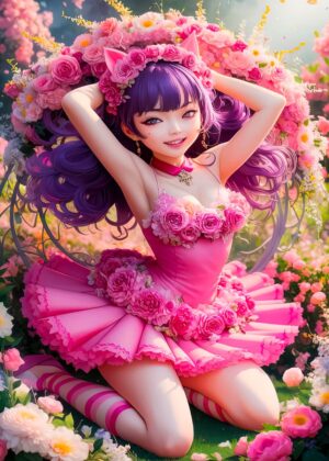 Anime Girl in a Garden of Roses - Premium Wooden Framed Poster. Ready to Hang.