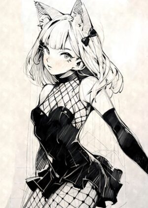 Anime Cat Girl Sketch: Dark and Dreamy - Premium Wooden Framed Poster. Ready to Hang.