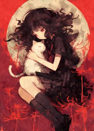 Anime Girl and Cat Embrace Under the Moon - Premium Wooden Framed Poster. Ready to Hang.