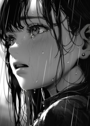 Anime Girl Weeping in the Rain: A Monochrome Masterpiece - Premium Wooden Framed Poster. Ready to Hang.