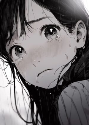 Anime Girl Weeping in the Rain - Premium Wooden Framed Poster. Ready to Hang.