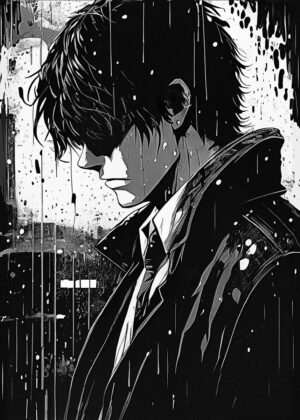 Anime Yakuza Boss in the Rain: A Monochromatic Masterpiece - Premium Wooden Framed Poster. Ready to Hang.