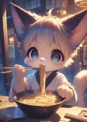 Adorable Anime Cat Enjoying Ramen - Premium Wooden Framed Poster. Ready to Hang.