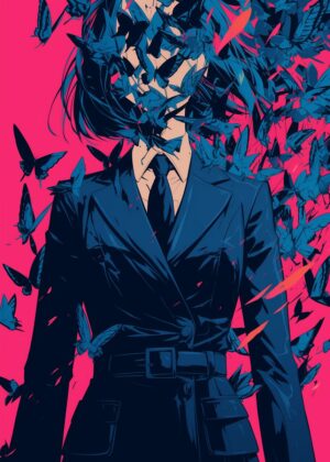 Woman in Suit Surrounded by Butterflies Art Print - Premium Wooden Framed Poster. Ready to Hang.