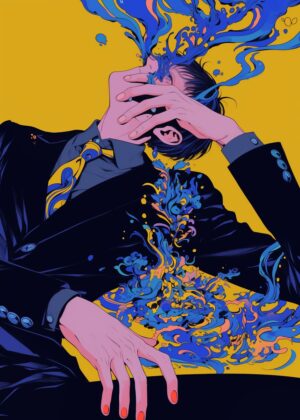 Abstract Man with Blue Splashes: A Vivid Expression of Emotion - Premium Wooden Framed Poster. Ready to Hang.