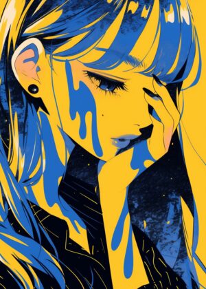 Anime Girl in Blue and Yellow - Premium Wooden Framed Poster. Ready to Hang.