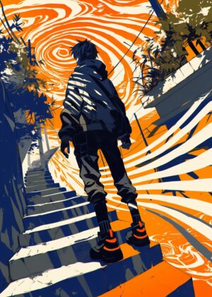 Urban Abstract: Ascending Through Swirling Cityscapes - Premium Wooden Framed Poster. Ready to Hang.