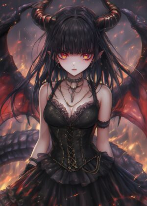 Fiery Anime Demon Girl Art Print - Premium Wooden Framed Poster. Ready to Hang.