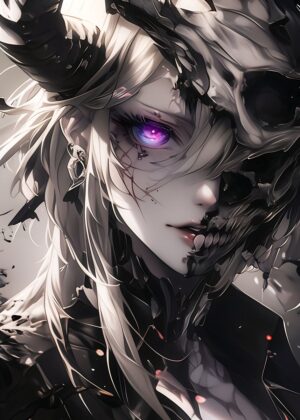 Anime Girl with Skull Mask: Dark Fantasy Art Print - Premium Wooden Framed Poster. Ready to Hang.