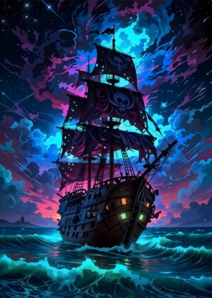 Starry Night Pirate Ship Artwork - Premium Wooden Framed Poster. Ready to Hang.