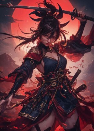 Crimson Moon Geisha Samurai - Premium Wooden Framed Poster. Ready to Hang.