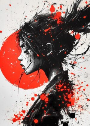 Japanese Woman in Red and Black Abstract Art Print - Premium Wooden Framed Poster. Ready to Hang.