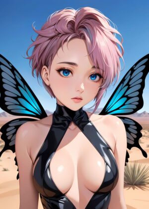 Fantasy Anime Girl with Butterfly Wings - Premium Wooden Framed Poster. Ready to Hang.