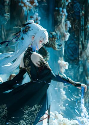 Elegant Anime Girl in a Mystical Setting - Premium Wooden Framed Poster. Ready to Hang.