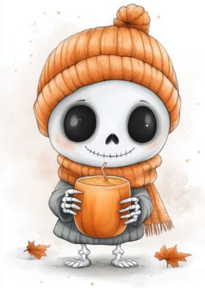 Adorable Skeleton Enjoying Autumn - Premium Wooden Framed Poster. Ready to Hang.