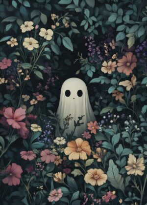 Ghost Amongst Flowers: Enchanting Botanical Illustration - Premium Wooden Framed Poster. Ready to Hang.