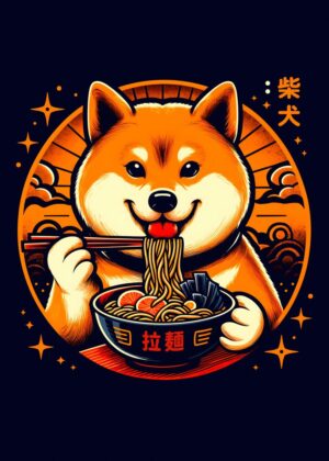 Shiba Inu Ramen: A Deliciously Cute Artwork - Premium Wooden Framed Poster. Ready to Hang.