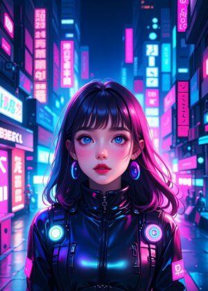 Cyberpunk Anime Girl in Neon City - Premium Wooden Framed Poster. Ready to Hang.
