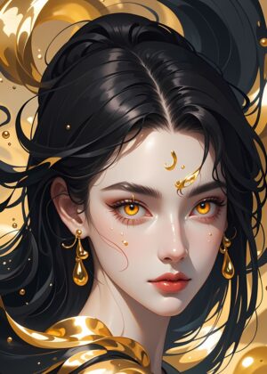 Elegant Japanese Woman Artwork: Gold and Black Beauty - Premium Wooden Framed Poster. Ready to Hang.