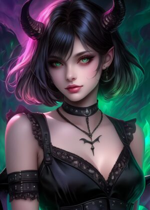 Enigmatic Demon Girl with Emerald Eyes - Premium Wooden Framed Poster. Ready to Hang.