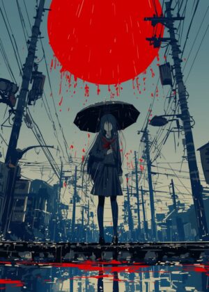 Rainy Day in Japan: Anime Girl in the Rain - Premium Wooden Framed Poster. Ready to Hang.