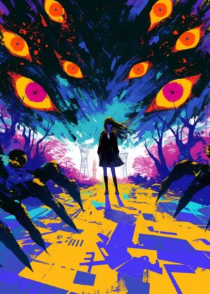 Anime Girl Confronting a Monstrous Entity - Premium Wooden Framed Poster. Ready to Hang.