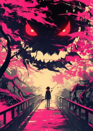 Girl Facing a Monstrous Shadow in a Pink Forest - Premium Wooden Framed Poster. Ready to Hang.