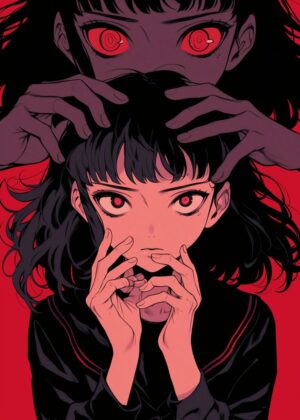 Anime Girl with Crimson Eyes: A Dark Academia Masterpiece - Premium Wooden Framed Poster. Ready to Hang.