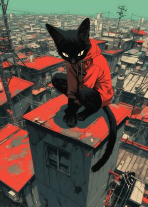 Urban Nocturne: Black Cat on Rooftop - Premium Wooden Framed Poster. Ready to Hang.