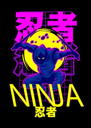 Cyberpunk Ninja: 80s Retro Japanese Art Print - Premium Wooden Framed Poster. Ready to Hang.