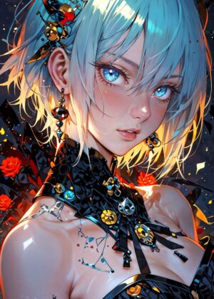Cosmic Gaze: Anime Girl with Blue Hair - Premium Wooden Framed Poster. Ready to Hang.