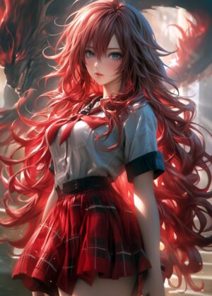 Anime Girl with Fiery Red Hair - Premium Wooden Framed Poster. Ready to Hang.