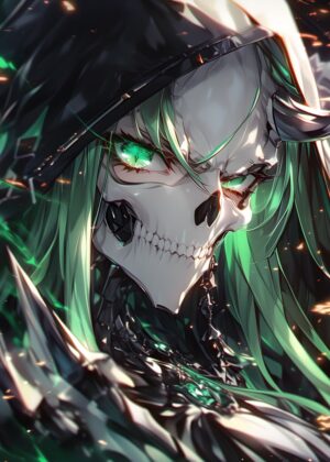 Green-Haired Skull Anime Girl Art Print - Premium Wooden Framed Poster. Ready to Hang.