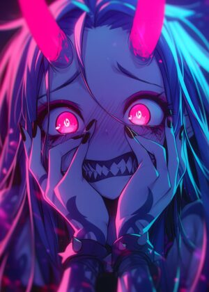 Demon Girl with Pink Horns: Cyberpunk Anime Art Print - Premium Wooden Framed Poster. Ready to Hang.