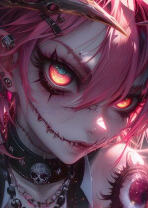 Fiery Anime Girl with Piercing Gaze - Premium Wooden Framed Poster. Ready to Hang.