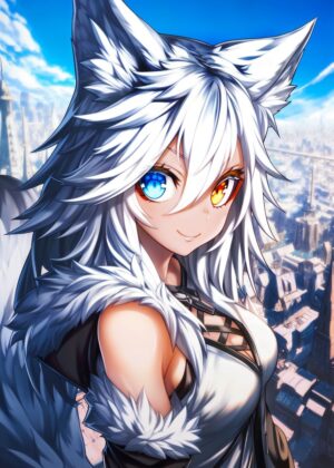 Arctic Foxgirl Cityscape Art Print - Premium Wooden Framed Poster. Ready to Hang.