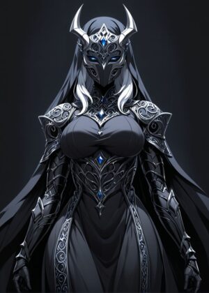 Dark Fantasy Warrior Woman: A Majestic Digital Painting - Premium Wooden Framed Poster. Ready to Hang.