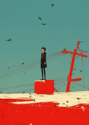 Solitude on the Rooftop: A Melancholic Girl in Urban Scenery - Premium Wooden Framed Poster. Ready to Hang.