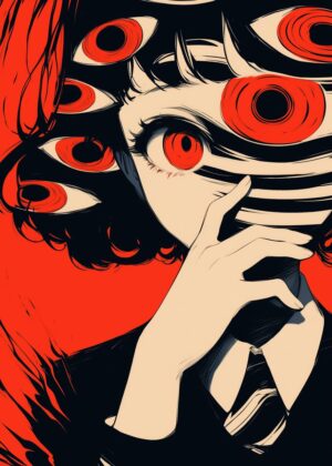 Anime Girl with Multiple Eyes: Red and Black Artwork - Premium Wooden Framed Poster. Ready to Hang.