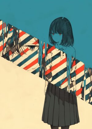 Anime Girl in a Striped World - Premium Wooden Framed Poster. Ready to Hang.