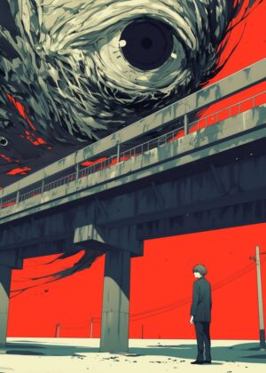 Giant Eye Overpass: A Surreal Urban Landscape Print - Premium Wooden Framed Poster. Ready to Hang.