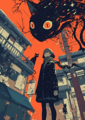 Mysterious Girl and Enormous Shadow Cat - Premium Wooden Framed Poster. Ready to Hang.