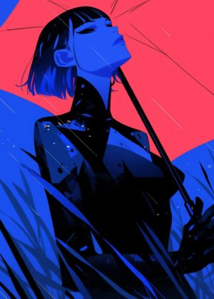 Stylish Anime Girl in Blue and Red - Premium Wooden Framed Poster. Ready to Hang.
