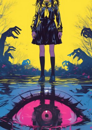 Schoolgirl Confronting a Giant Eye: A Surreal Artwork - Premium Wooden Framed Poster. Ready to Hang.